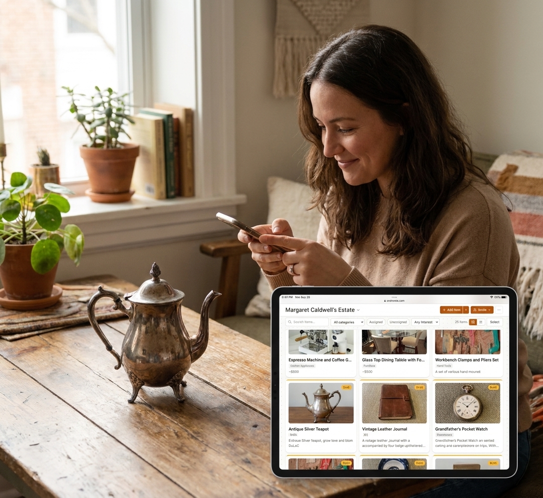 A person photographing an heirloom item on their phone next to a tablet showing their catalog of items