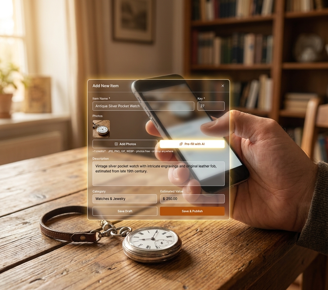 A phone photographing an antique pocket watch with an "Add New Item" form auto-filled by AI