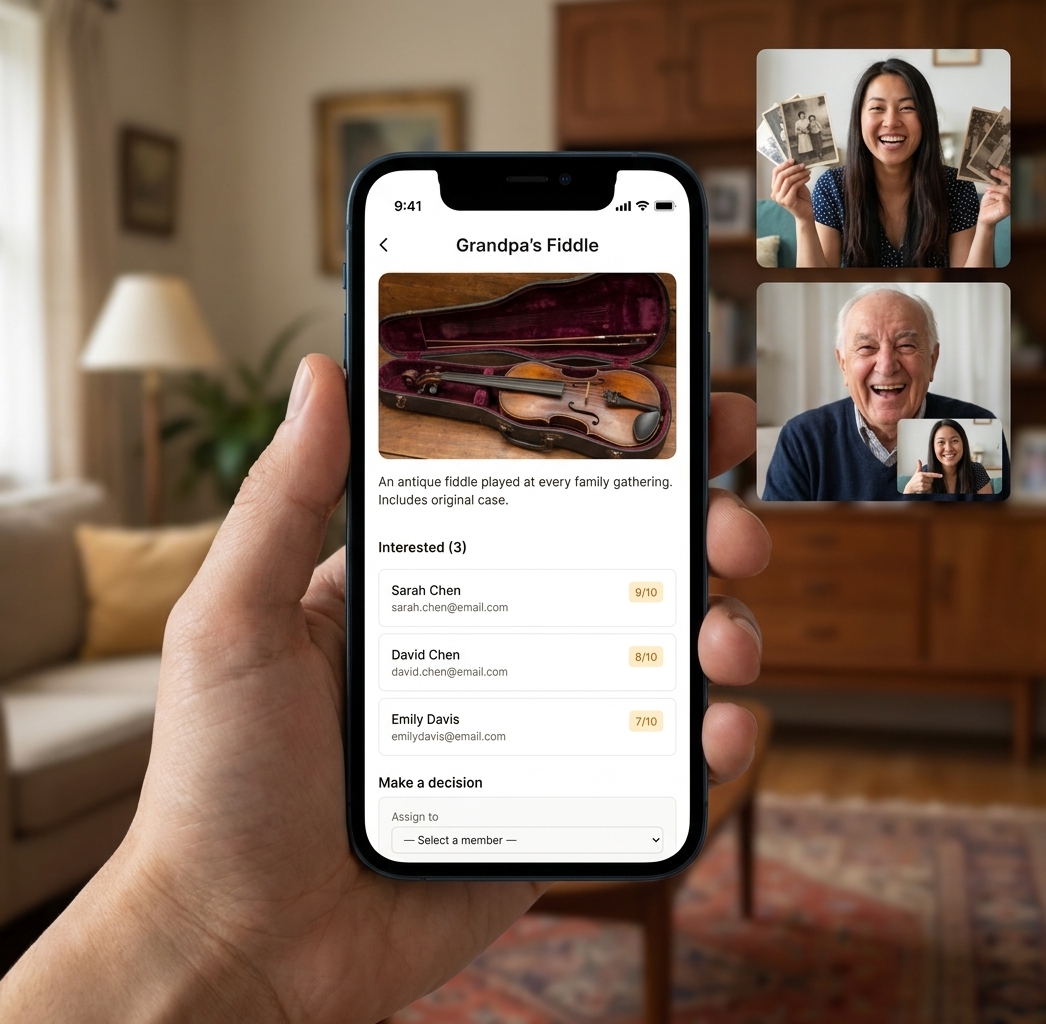 A phone showing an heirloom item alongside a family video call of relatives looking at old photos