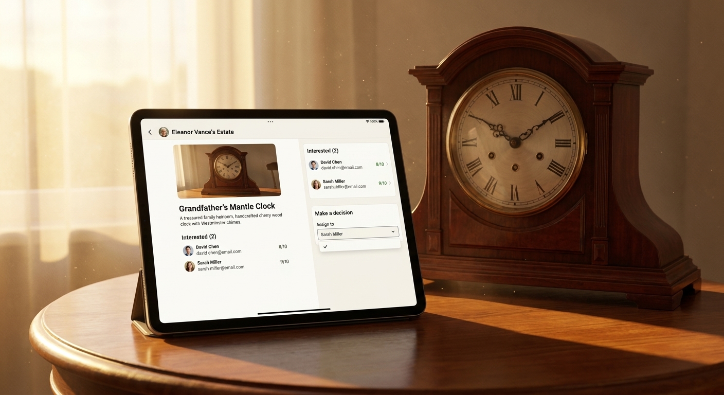 A tablet showing an item assignment decision next to the physical heirloom clock it refers to